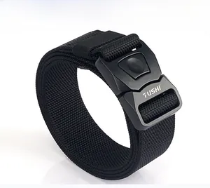 Close-up of black tactical nylon belt with cross-weave texture and quick-release buckle