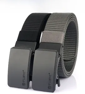Detail of nylon woven waist belts with matte metal automatic buckles and TUSHI logo