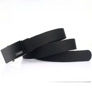 Detailed macro view of the thick black braided nylon belt with matte black buckle