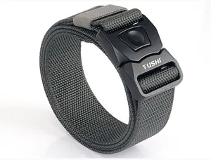 Close-up of charcoal grey nylon tactical belt featuring a quick-release TUSHI buckle