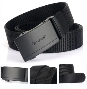 Detailed views of black nylon tactical belt with matte automatic alloy buckle
