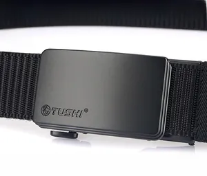 Detail showing tactical zinc alloy buckle with matte finish and thick woven nylon belt