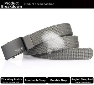 Detail view of grey canvas belt with zinc alloy buckle and wear-resistant woven texture