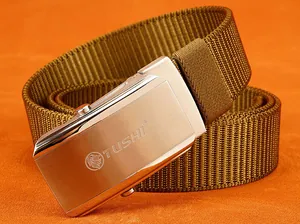 Macro detail of high-density nylon weave and brushed alloy buckle with lion logo