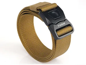Detail of tan nylon tactical belt featuring a black quick-release buckle and woven texture