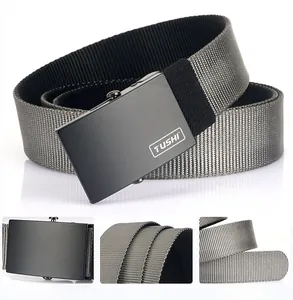 Close-up of ergonomic black matte buckle and textured gray nylon weave on outdoor belt