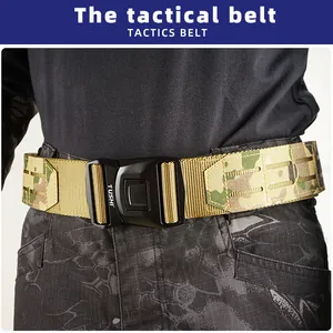 Detailed view of camouflaged tactical belt with quick-release metal buckle on uniform