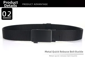 Detail of matte black alloy automatic buckle with TUSHI logo on nylon woven belt