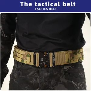 Detail of camouflaged tactical belt with metal quick-release buckle and laser-cut MOLLE holes