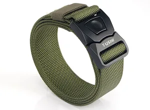 Detailed close-up of tactical nylon belt with matte black quick release buckle