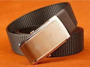 Detailed close-up of the brushed metal automatic buckle and woven nylon belt texture