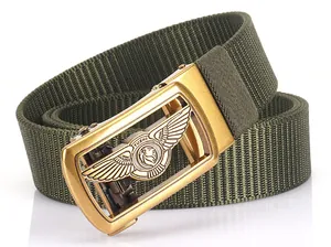 Detail of olive green nylon tactical belt with a golden lion logo automatic metal buckle