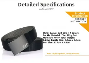 Detail view of nylon belt showing dimensions 125cm length and 3.4cm width with zinc alloy buckle