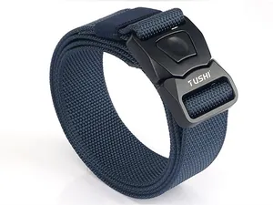 Macro detail of dark blue tactical nylon belt with quick release buckle and TUSHI logo