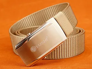 Detail of khaki nylon web belt with brushed stainless steel sliding buckle and lion logo