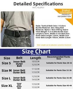 Tactical belt size chart including inner and outer belt dimensions for S to XL sizes
