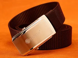 Macro view of brushed silver automatic buckle with lion logo on brown nylon belt