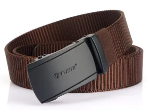 Close-up of black matte automatic buckle and brown woven nylon canvas belt texture