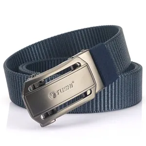 Navy blue nylon tactical belt with brushed metal automatic buckle for outdoor casual wear