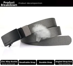 Detail of grey nylon web belt with matte black zinc alloy buckle and woven texture