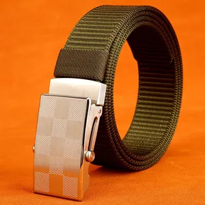 Olive green nylon tactical belt with checkered silver metal buckle for outdoor wear