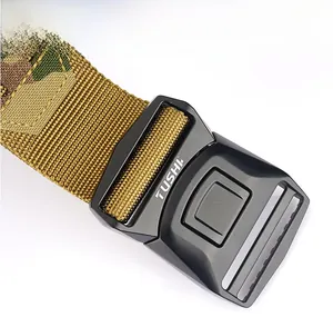 Detail shot of heavy-duty tactical belt featuring camouflaged nylon and quick-release buckle