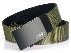 Close-up of olive green nylon web belt with matte black automatic alloy buckle