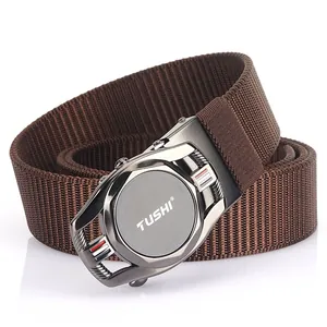 Men's 3.5cm brown nylon woven belt with automatic alloy buckle and striped design