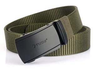 Close-up of olive green tactical nylon belt with matte black TUSHI automatic buckle