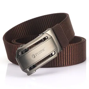 Brown nylon tactical belt with automatic metal buckle featuring high-strength woven texture