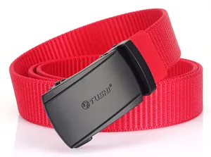 Close-up of red nylon woven belt with matte black automatic buckle and brand logo