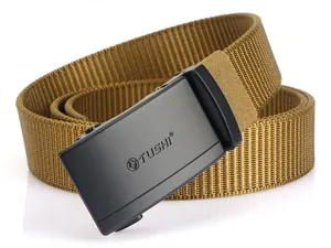Close-up of khaki nylon tactical belt with a black matte automatic buckle and TUSHI logo
