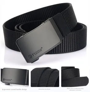 Close-up of black tactical nylon belt with scratch-resistant matte metal buckle
