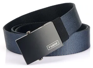 Close-up of navy blue nylon belt with weave texture and black metallic buckle