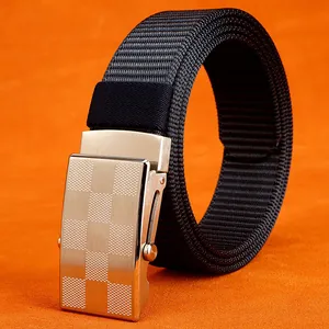 Men's nylon woven belt with stainless steel slider buckle featuring a checkered pattern