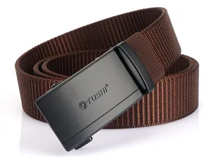 Close-up of brown nylon belt with black alloy automatic buckle and textured matte finish