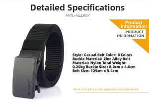 Detailed view of black nylon belt with zinc alloy buckle and technical dimensions