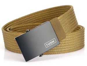 Close-up of a brown woven nylon tactical belt with a matte black metal automatic buckle