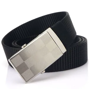 Men's black nylon canvas belt with silver automatic slide buckle and grid texture