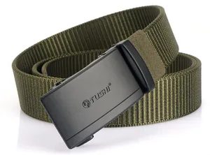 Close-up of military green nylon tactical belt with black matte automatic buckle detail