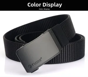 Close-up of black nylon belt with matte alloy buckle featuring an engraved horse logo