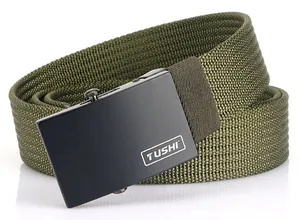 Detailed macro view of army green woven canvas belt with matte black tactical buckle