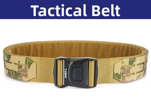 Detail of a 2-inch tactical outer belt featuring a quick-release metal buckle and camo nylon