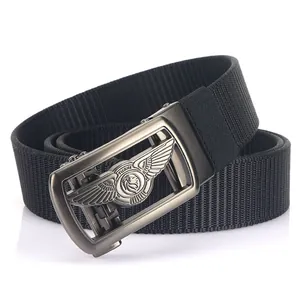 Men's automatic buckle nylon belt with 3D lion emblem on gunmetal buckle and black strap