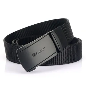 Men's tactical nylon belt with matte black automatic buckle and woven texture