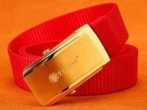 Close-up of red nylon belt with golden stainless steel buckle and lion logo