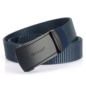 Deep blue nylon woven belt for men with black matte automatic buckle and TUSHI logo