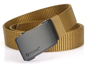 Detailed macro of khaki tactical nylon woven belt texture and matte black automatic buckle