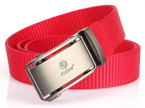 Vue détaillée de la texture de la ceinture en nylon rouge et boucle lion argent mat