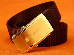 Detail of a 3.5cm automatic slider buckle on a brown nylon web belt with brushed metal finish